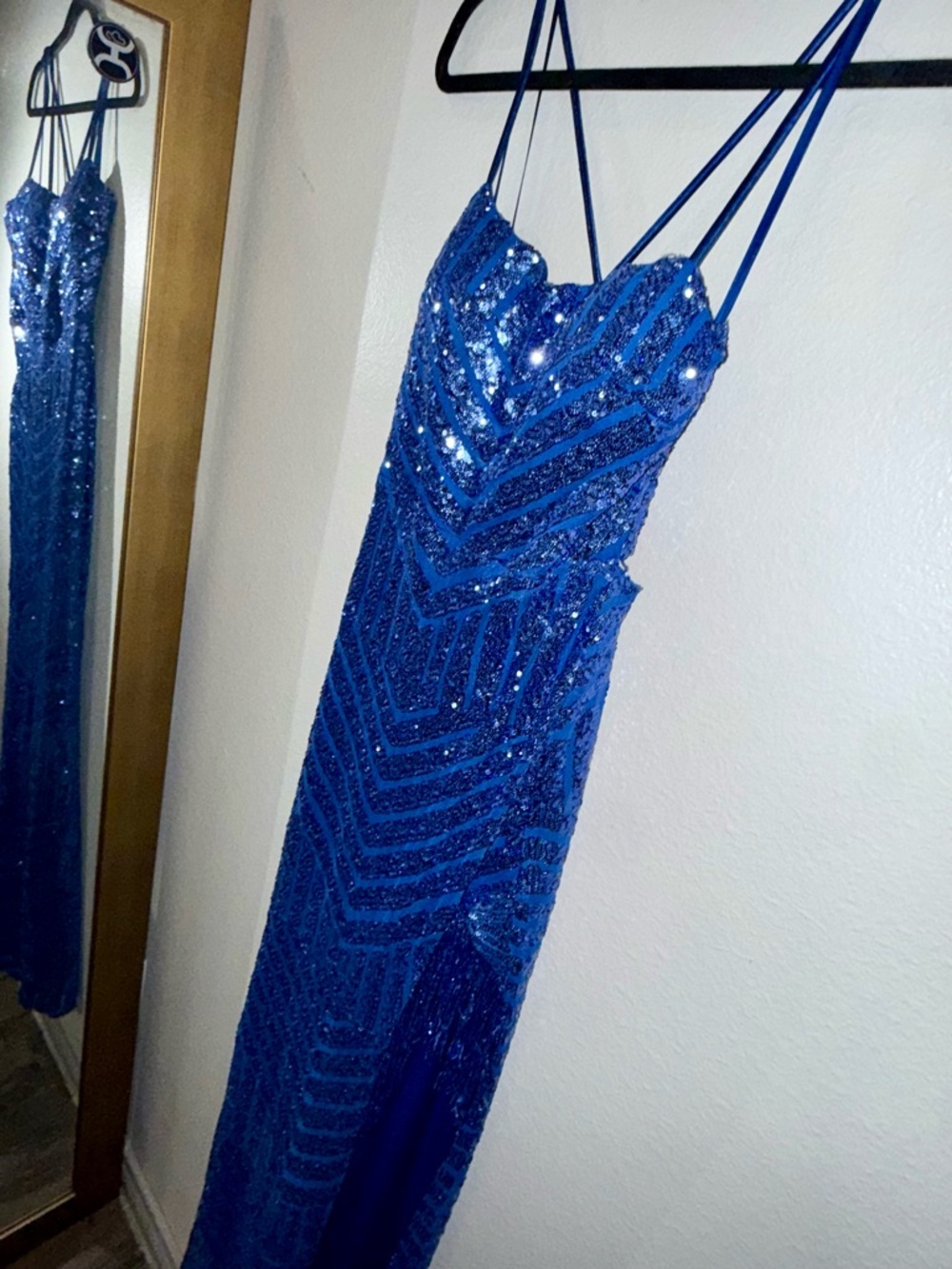 City Triangles Cobalt Blue Sequin Strappy Prom Dress